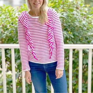 Lilly Pulitzer Ruth Striped Ruffle Sweater Beach Stripe Pink Tango Sz L